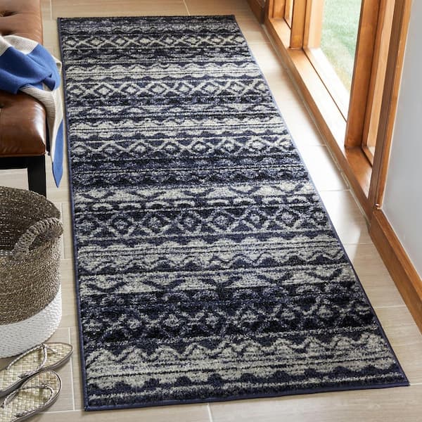 Adirondack Ivory/Navy 3 ft. x 8 ft. Geometric Runner Rug