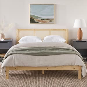 Modern Beige Wood Frame Queen Platform Bed with Wood and Rattan Panel Headboard