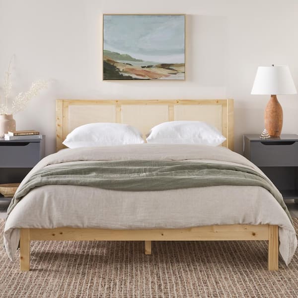 Welwick Designs Modern Beige Wood Frame Queen Platform Bed with Wood and Rattan Panel Headboard