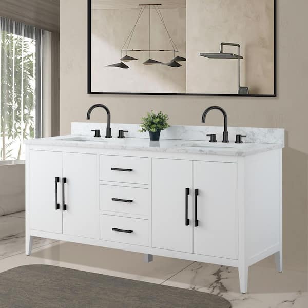72 in. W x 22 in. D x 34 in. H Double Sink Bathroom Vanity Cabinet in White with Engineered Marble Top