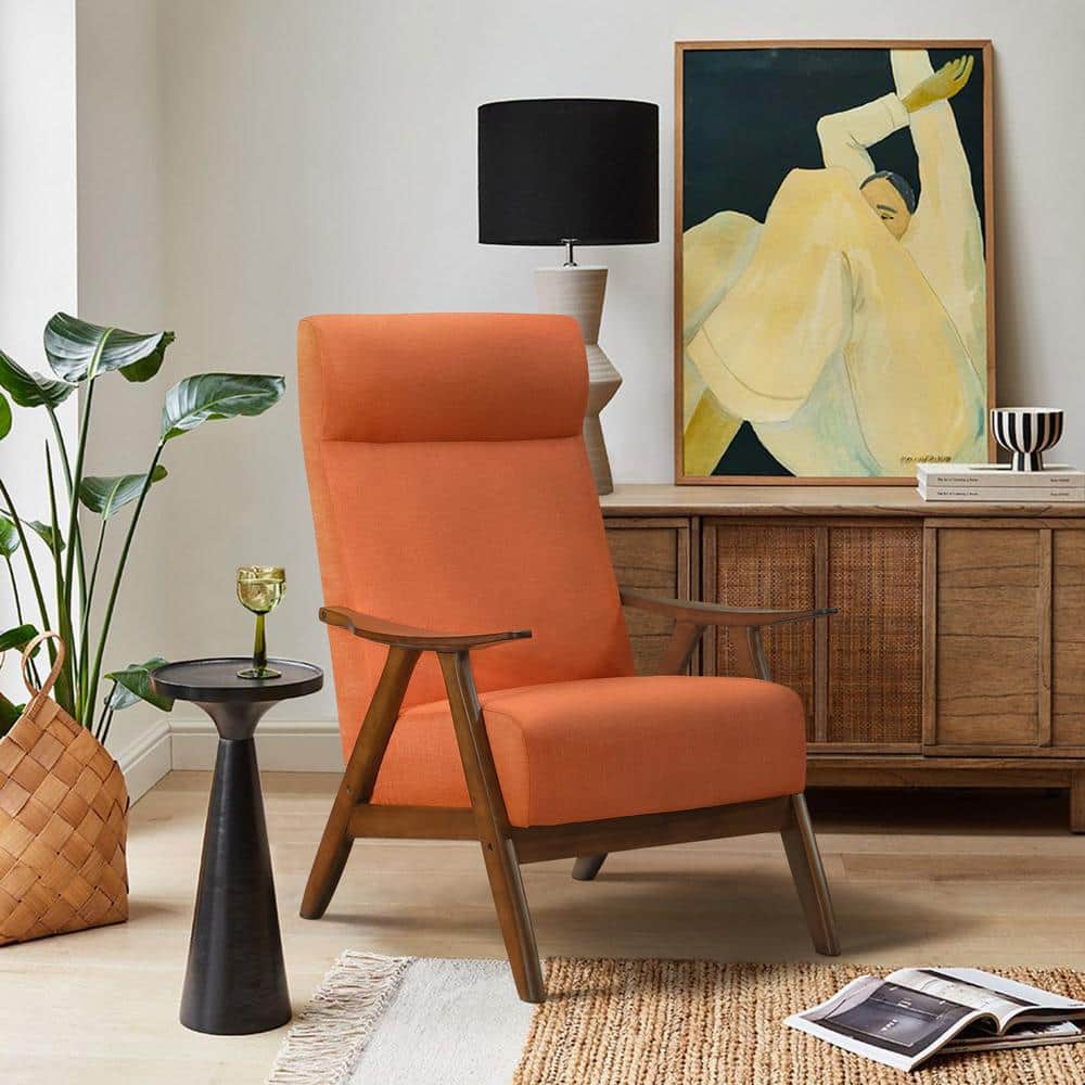 Kalmar Mid-Century Orange Linen and Wood Accent Chair