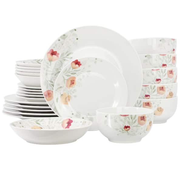 Poppy 24-Piece Porcelain Double Bowl Dinnerware Set, Service for 6 in. White