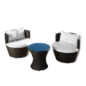 Kono Black 3-Piece Faux Rattan Outdoor Patio Conversation Set with White Cushions