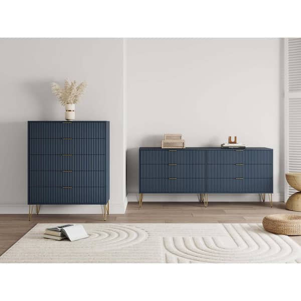 Manhattan Comfort DUMBO Midnight Blue 5-Drawer 35.19 in. Dresser and 6-Drawer 69.68 in. Double Dresser with SNAP Tool-Free Assembly
