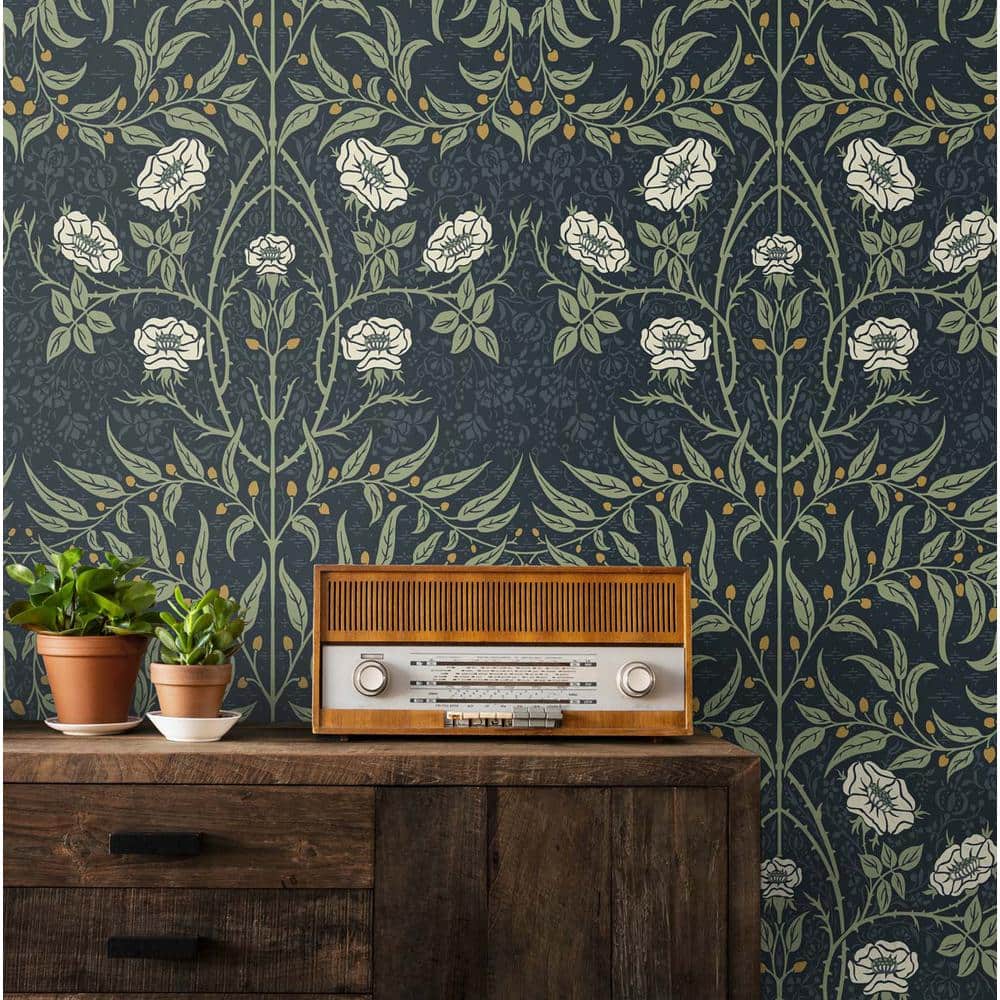 Navy and Sage Floral Peel and Stick Vinyl Wallpaper