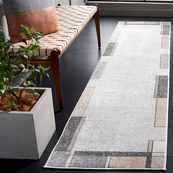 Phoenix 2 ft. x 9 ft. Light Gray/Beige Charcoal Geometric Border Runner Rug