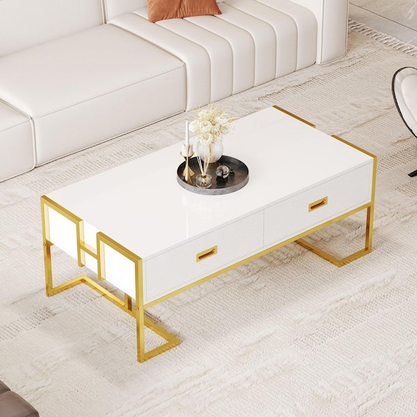 47.3 in. White/Gold Rectangle MDF Wood Coffee Table with 4 Drawers and Gold Base