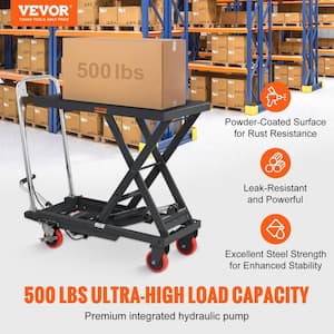 Hydraulic Lift Table Cart 500 lbs. Manual Single Scissor Lift Cart with 4 Wheels 28.5 in. Lifting Height (Black)