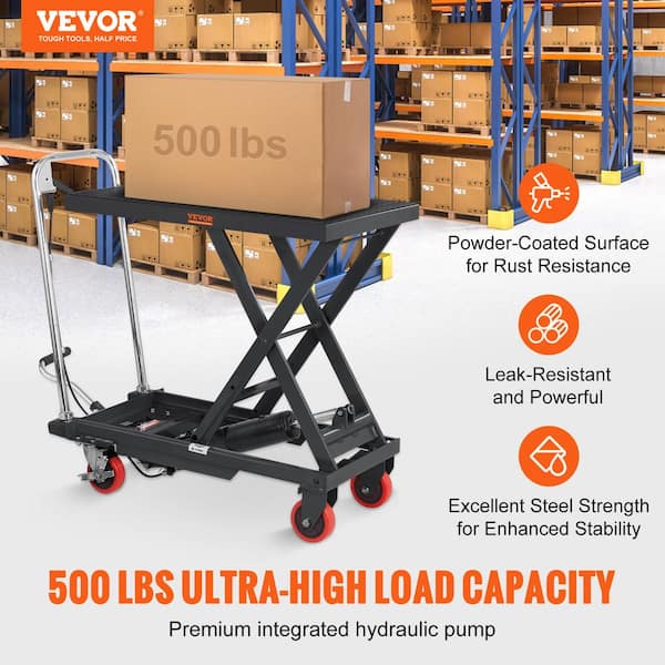 Hydraulic Lift Table Cart 500 lbs. Manual Single Scissor Lift Cart with 4 Wheels 28.5 in. Lifting Height (Black)