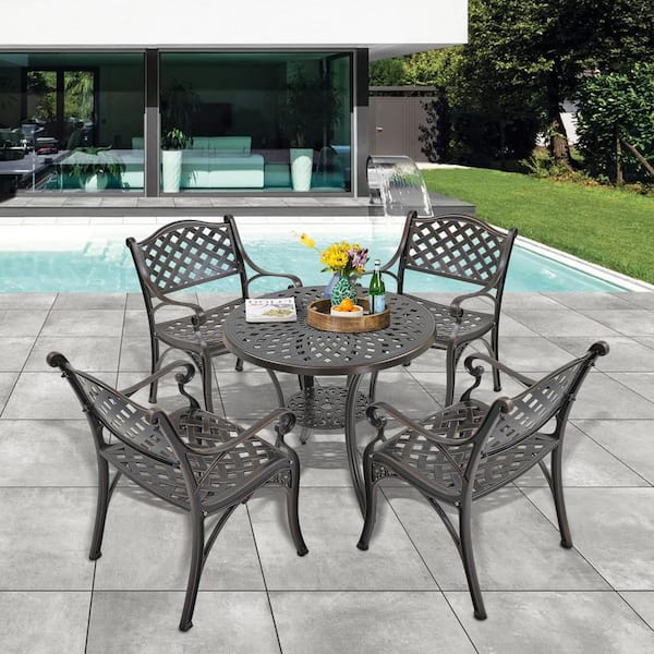 Bronze Frame 5-Piece Cast Aluminum Round Table with Umbrella Hole Bar Height Outdoor Dining Set