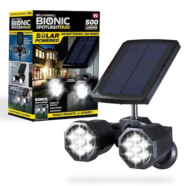 Bell + Howell 180-Degrees Swiveling Light Black Solar Powered Motion  Activated Outdoor 108 Integrated LED Bionic Floodlight 7897 - The Home Depot