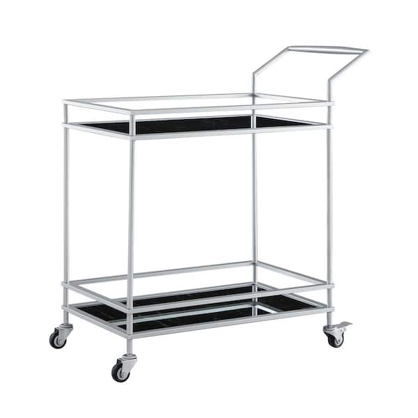 Nicole Miller Kenji Silver/Black Bar Cart with Open Wine Bottle and Stemware Storage