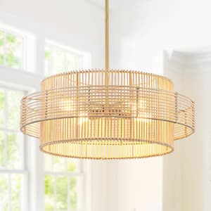 Saturn 22 in. 4-Light Brass Modern Bohemian Chandelier with Natural Rattan Shade