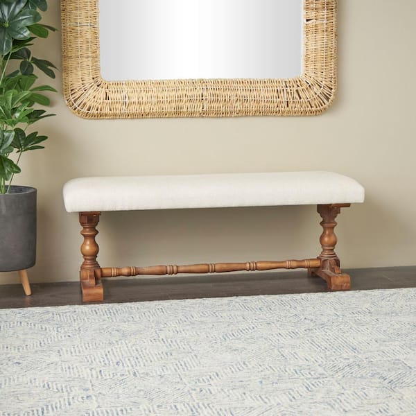 Litton Lane Cream Bedroom Bench with Brown Turned Legs 18 in. x 48 in. x 17 in.
