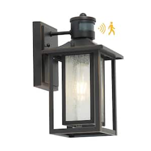 1-Light Matte Black Motion Sensing Outdoor Wall Lantern Sconces with SeededGlass Shade Wall Light