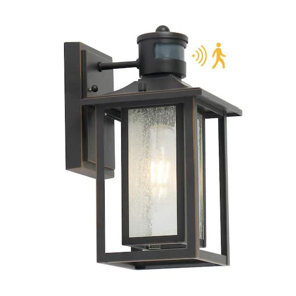 1-Light Matte Black Motion Sensing Outdoor Wall Lantern Sconces with Seeded Glass Shade Wall Light