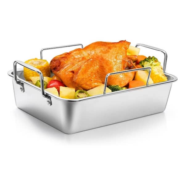 Stainless Steel Heavy Duty Roasting Pan Set Non-Stick Deep Broiling Pan with V-Shaped and Flat Racks 3 Piece