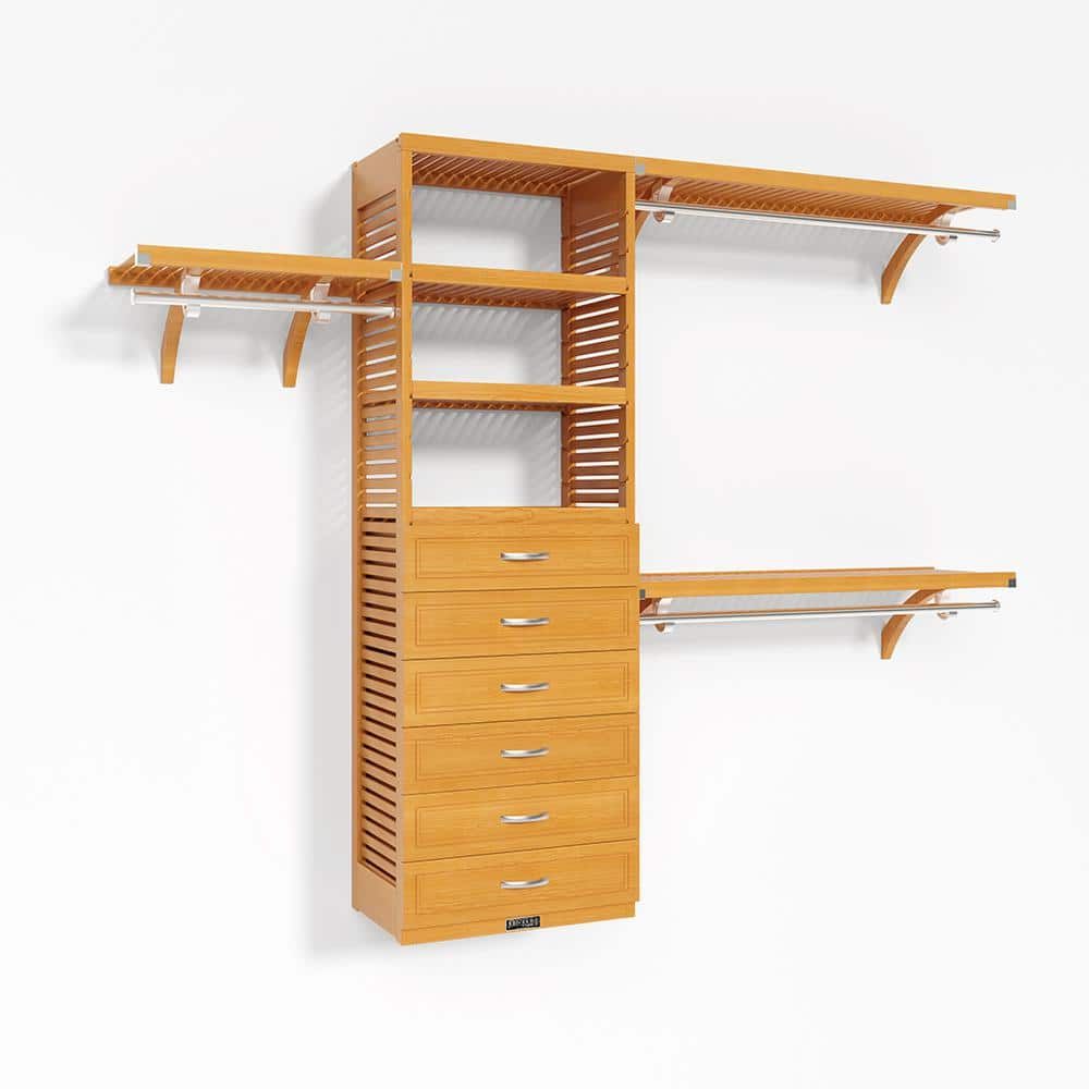 72 in. W-120 in. W Honey Maple Walk in with 6 Drawers 16 in.-Shelf Wood Closet System