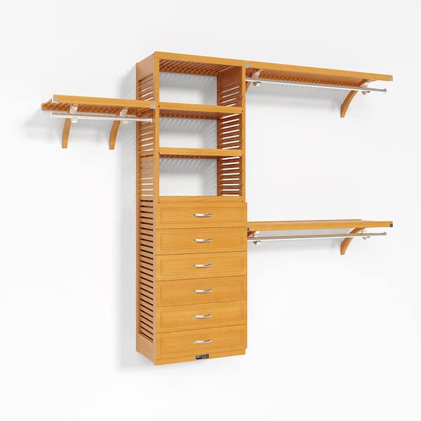 72 in. W-120 in. W Honey Maple Walk in with 6 Drawers 16 in.-Shelf Wood Closet System
