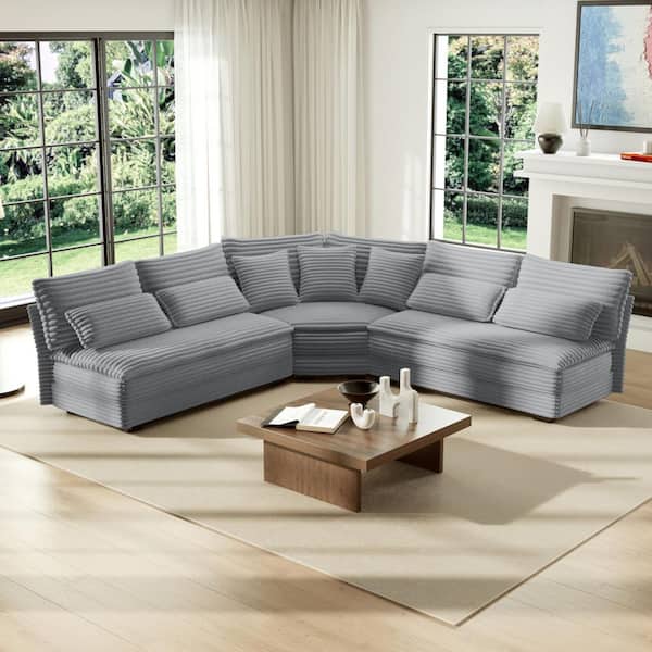Egil Modern 102.4 in. Corduroy Upholstery L-Shaped Sectional Sofa in. Light Grey with 3 Throw, 4 Lumbar