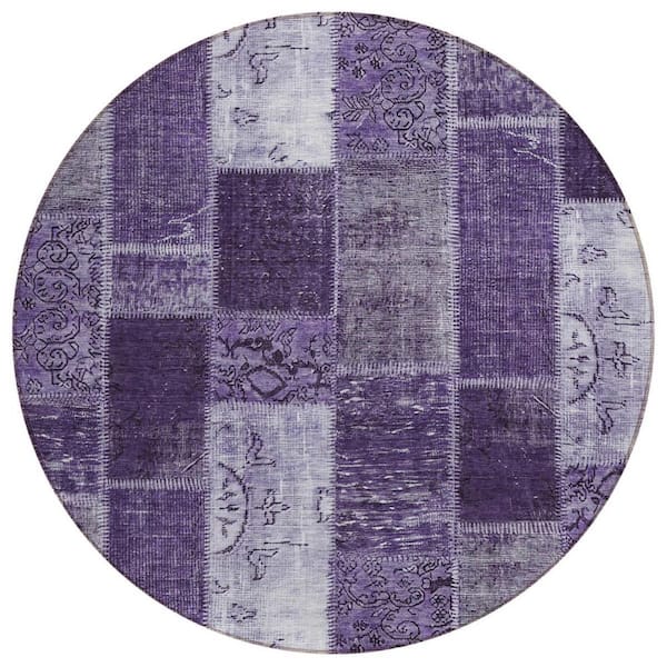 Purple, Eggplant, Lavender 8 ft. Round Woven Plaid Polyester Round Indoor/Outdoor Area Rug