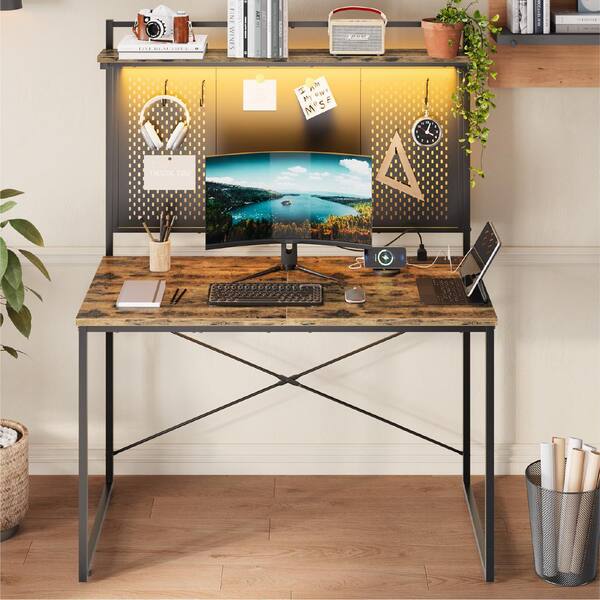 Bestier 40 in. Rustic Brown Computer Desk with Hutch and Power Outlet