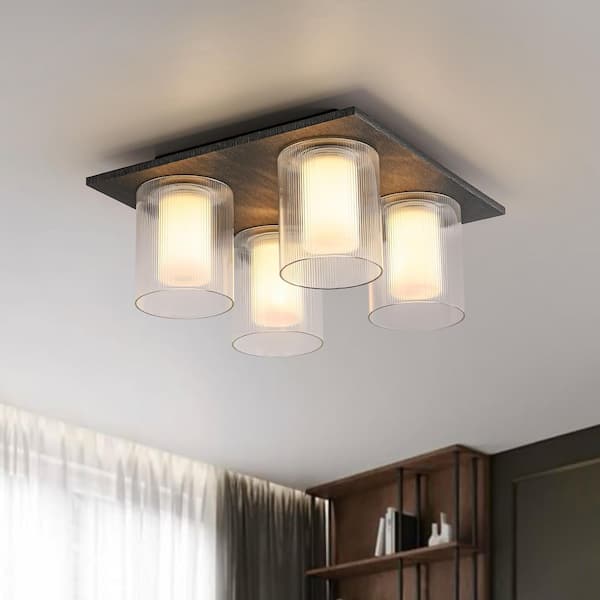 HUOKU Miguel 4-Light 13.8 in. W Gray Wood LED Flush Mount MDF Ceiling Light with Round Tube Stripe Glass for Kitchen