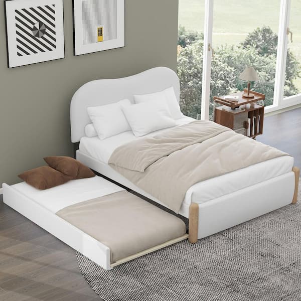 White Wood Frame Full Upholstered Platform Bed with Trundle