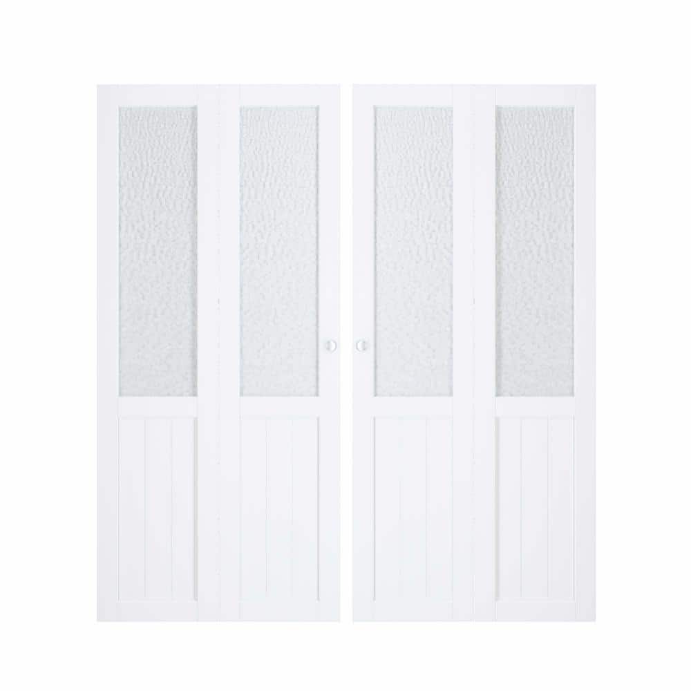 TENONER 72 in. x 80 in. (Double 36 in. Doors) White, MDF, Half Tempered Hammered Glass Panel Bi