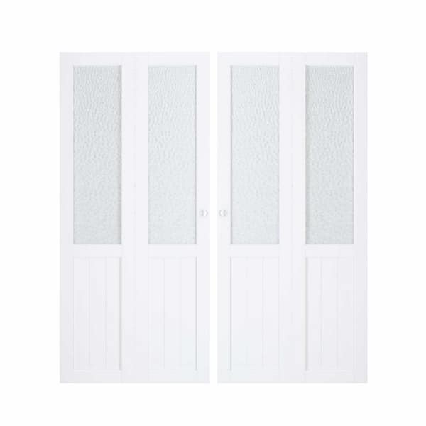 72 in. x 80 in. (Double 36 in. Doors) White, MDF, Half Tempered Hammered Glass Panel Bi-Fold Interior Door Hardware Kits