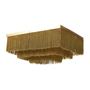 1-Light Natural Square Gold Flush Mount Chandelier with Polyester Fringe Shade