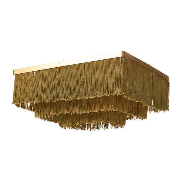 Storied Home 1-Light Natural Square Gold Flush Mount Chandelier with Polyester Fringe Shade