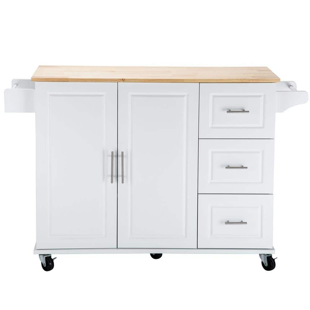 FAMYYT White Rubber Wood Tabletop 54 In Kitchen Island With Drawers   White Famyyt Kitchen Islands Xj 514wh L 64 1000 