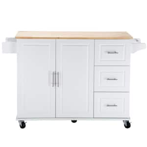 White Rubber Wood Tabletop 54 in. Kitchen Island with Drawers and Adjustable Shelf