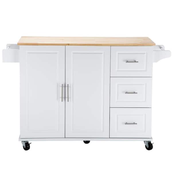 FAMYYT White Rubber Wood Tabletop 54 in. Kitchen Island with Drawers and Adjustable Shelf