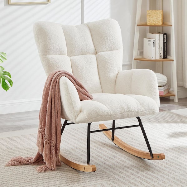 Metal and Teddy Fabric Outdoor Rocking Chair with Ivory White Cushion, Modern Rocking Accent Chair