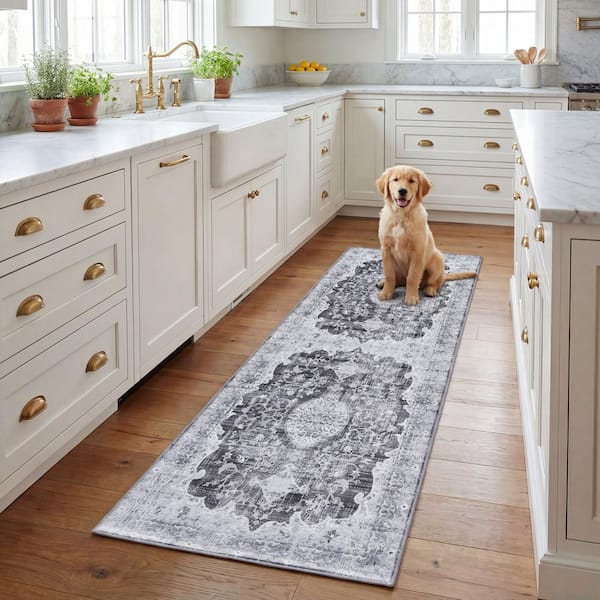 Tucson 3 ft. x 8 ft. Dark Gray/Light Gray Medallion Washable Runner Rug