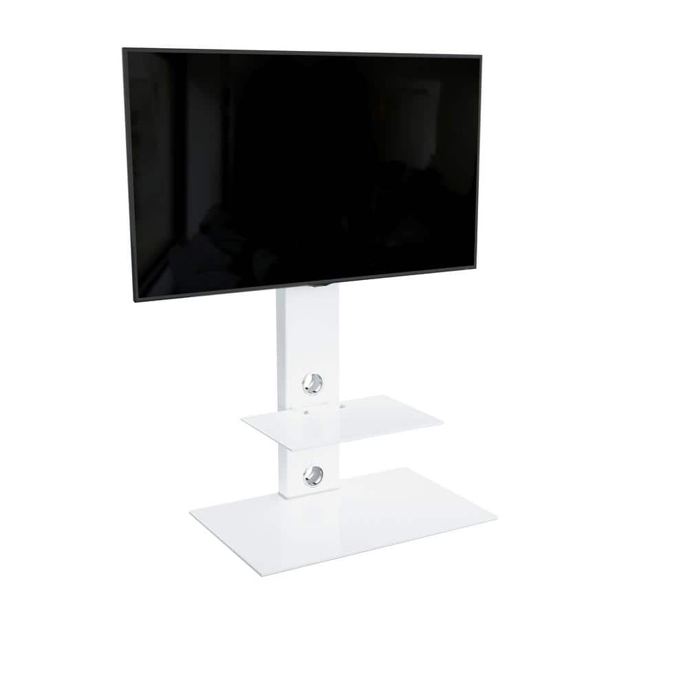 White Gloss TV Floor Stand with Mount and Tempered Glass Shelves