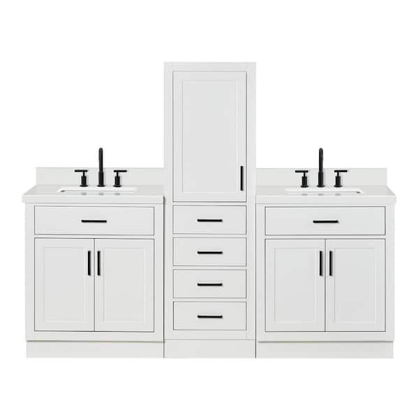 Hepburn 3-Piece 82 in. Wide Double Sink Bath Vanity And Linen Cabinet Set In White With Pure White Quartz Top