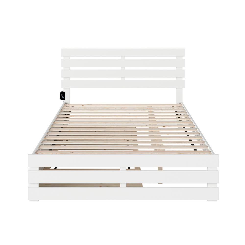 White Queen Wood Platform Bed with Headboard and USB Charger