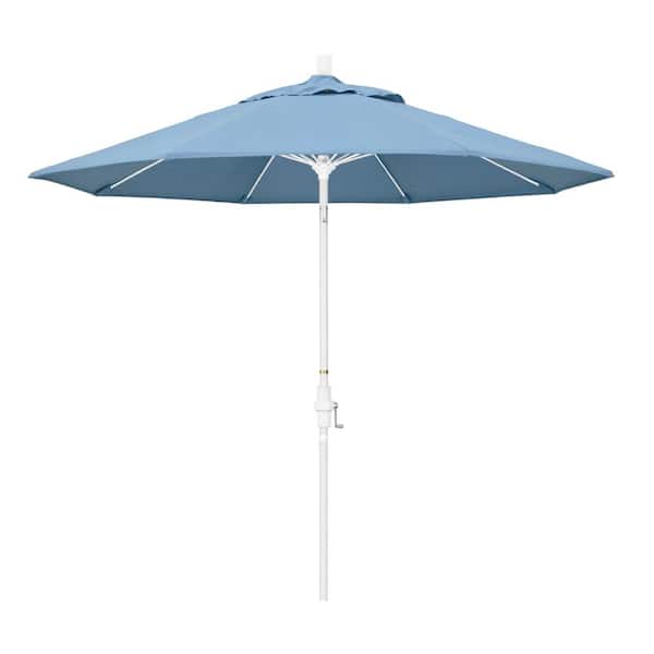 California Umbrella 9 ft. Matted White Aluminum Market Patio Umbrella with Fiberglass Ribs Collar Tilt Crank Lift in Air Blue Sunbrella