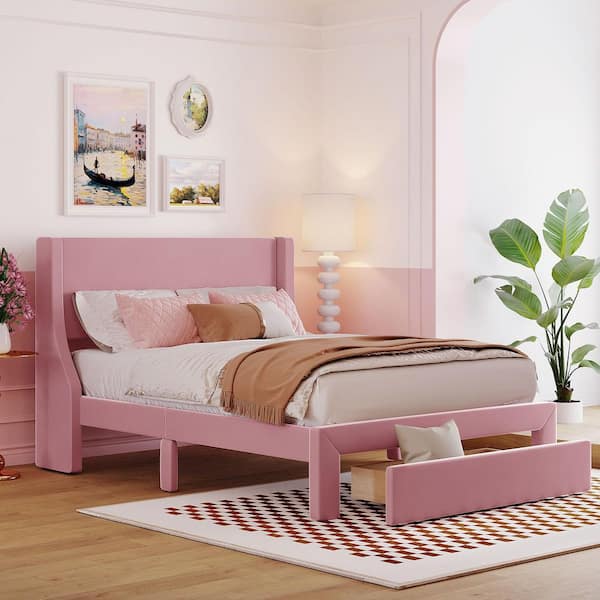 Qualler Pink Wood Frame Full Size Platform Bed with Velvet Upholstered and a Big Drawer