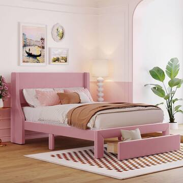 Qualler Pink Wood Frame Full Size Platform Bed with Velvet Upholstered and a Big Drawer FSUPLK241H