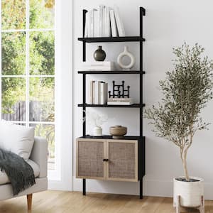 Theo 73 in. H 24 in. W Modern Bookcase with Rattan Cabinet in Matte Black and Light Oak with Metal Frame for Living Room