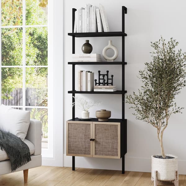Nathan James Theo 73 in. H 24 in. W Modern Bookcase with Rattan Cabinet in Matte Black and Light Oak with Metal Frame for Living Room