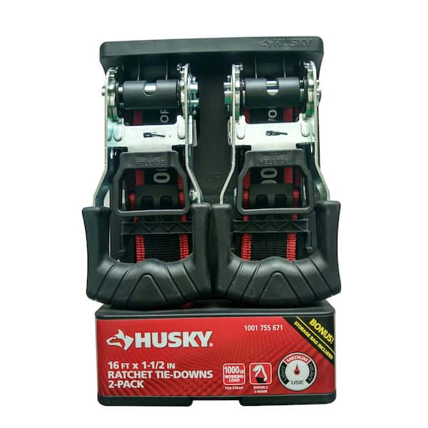 Husky 16 ft. x 1-1/2 in. Ratchet Tie-Down Straps with J Hook (2-Pack)