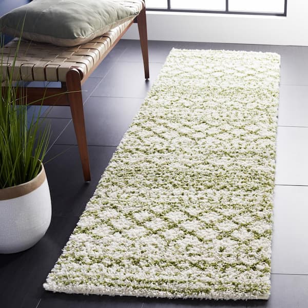 Arizona Shag Ivory/Green 3 ft. x 14 ft. Geometric Lodge Runner Rug