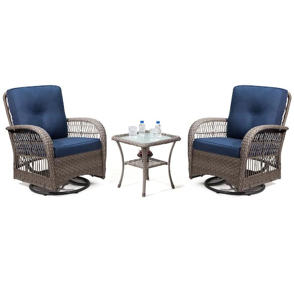 Unbranded 3-Piece Patio Wicker Outdoor Rocking Chair Set, Outdoor Swivel Patio Chair with Side Coffee Table and Blue Cushion