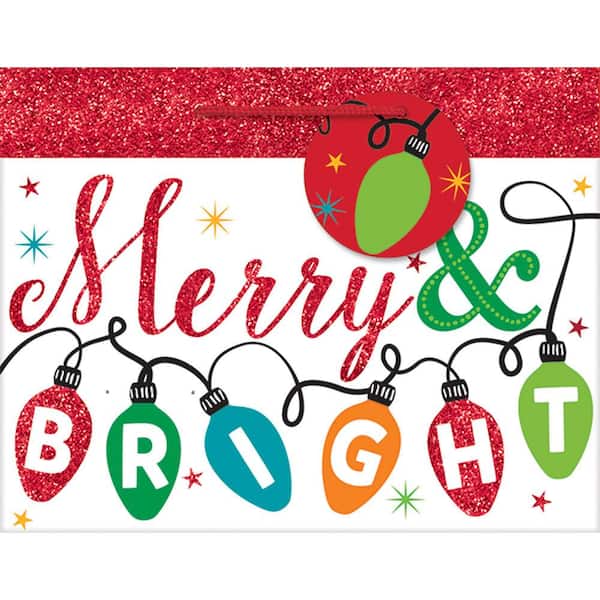 Amscan 7 in. x 9 in. x 4 in. Merry and Bright Glitter Bags (18-Pack)