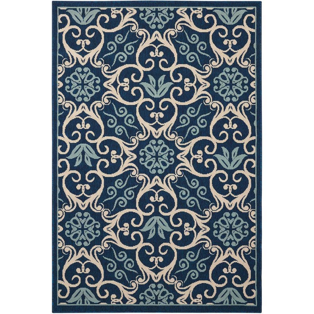 Nourison Caribbean Navy 4 ft. x 6 ft. Floral Modern Indoor/Outdoor ...